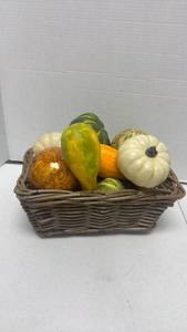 lot 1057 image: Decorative Gourds and Pumpkins in Wicker Basket