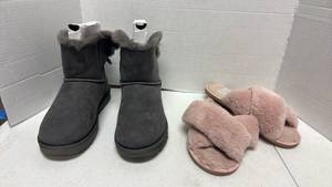 lot 1063 image: UGG Bailey Bow Boots and r&f slippers size 9
