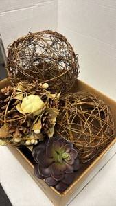 lot 1067 image: Wicker Ball Basket with Artificial Succulent and Dried Florals