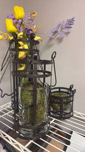 lot 1092 image: Glass Lantern Set with Black Metal Cage Holders with faux flowers and decorative balls