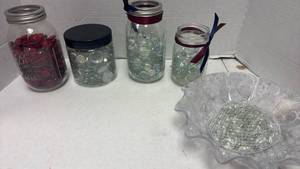 lot 1105 image: Mason Jar Collection with Glass Marbles and Decorative Bowl