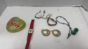 lot 1118 image: Mixed Jewelry Lot with Decorative Tin and Character Watch
