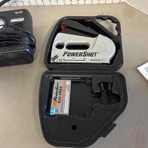 lot 1245 image: Slime 12v air compressor for car and Power Shot stapler with staples