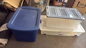 lot 1320 image: 2 Sterilite storage containers (one missing latch) and storage container