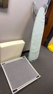 lot 1419 image: Stackable mesh drying rack, foam pad 2 ft x 2 ft and ironing board