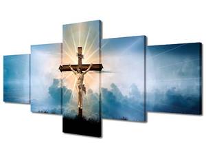 lot 20715 image: Jesus Christ in Blue Sky with White Clouds Wall Art Poster Canvas Prints Art Home Decor for Living Room Modern House Pictures 5 Panel Large HD Printed Painting Artwork Framed Ready to Hang 50x24 in