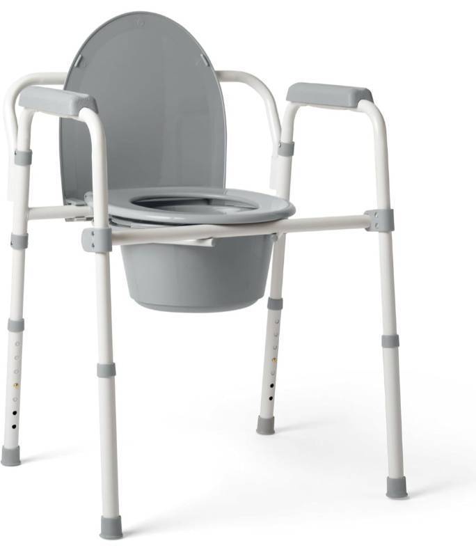 lot 5269 image: Medline 3-in-1 Steel Bedside Commode, Standard Seat, Sturdy Folding Frame, 7.5 QT. Bucket, 350 lb. Weight Capacity, Clip-on Seat, Easy Cleaning, Tool-Free Assembly, Gray