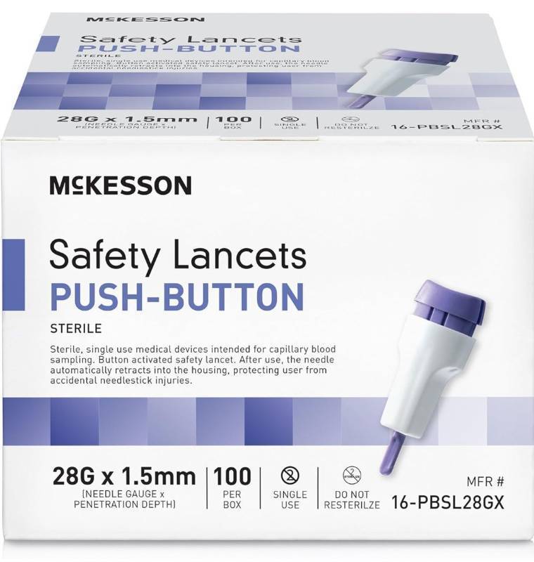 lot 5276 image: McKesson Lancets for Diabetes Testing 100 Count Lancing Device for Blood and Glucose Test, 28G x 1.5 mm, Push Button Activation, Sterile, Single Use