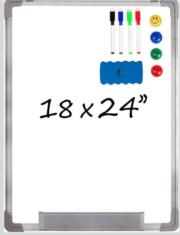 lot 5282 image: Whiteboard Set - Dry Erase Board 18 x 24 in with 1 Magnetic Dry Eraser, 4 Drywipe Markers and 4 Magnets - Small White Hanging Message Scoreboard for Home and Office (18x24 in)