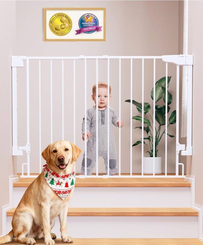 lot 5300 image: Cumbor 29.2-43 Baby Gate for Stairs, Wall-Mounted (Drill Required), Expandable No Bottom Bar Dog Gate, Auto Close Extra Wide Walk Thru, Pet &amp Toddler Proof Gate, Top &amp Bottom of Stairways (White)
