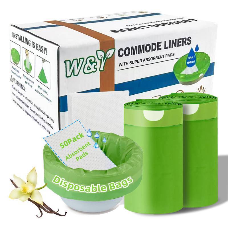 lot 5376 image: W&ampY 50 Pack Commode Liners with Super Absorbent Pads, Universal Fit All Standard Toilet Chair Bucket Vanilla-Scented Portable Sanitary Bag for Adult Toilets and Camping Toilets 50 Bags