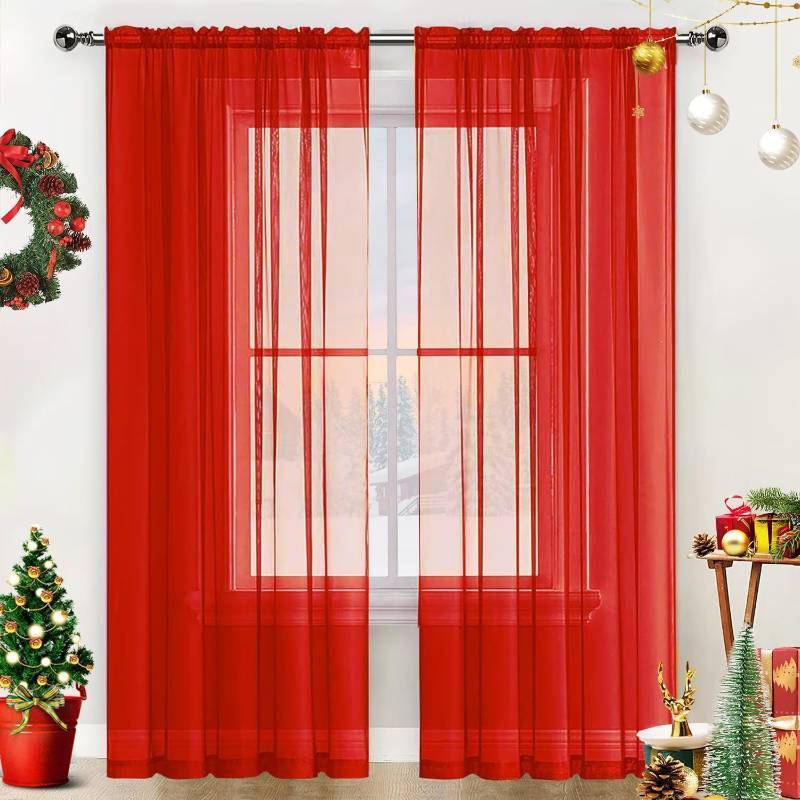 lot 5386 image: SpaceDresser Basic Rod Pocket Sheer Voile Window Curtain Panels White 1 Pair 2 Panels 70 Width 63 Inch Long for Kitchen Bedroom Children Living Room Yard(Red,70 W x 63 L)
