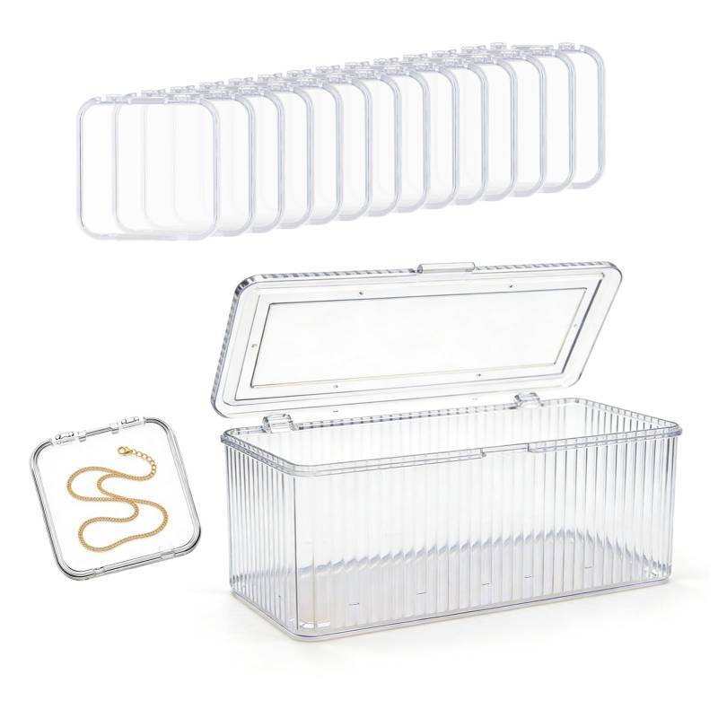 lot 5426 image: FYRLFB Clear Jewelry Storage Box, Acrylic Bracelet Organizer Holder with 14 Pcs 3 Inches Portable Anti Tarnish Cases, Travel Jewelry Storage for EarringsRingsNecklacesBrooch (1Box14Cases)
