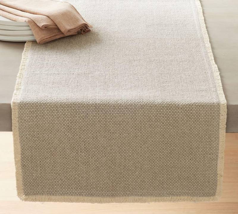 lot 5453 image: Boho Farmhouse Table Runner by DECOR WORKS 14 x 72 Inches - Rustic Home Decor, Spring Table Decor Accent, 14 x 72 Inches, Chic Beige, TR0101-14-72-BG
