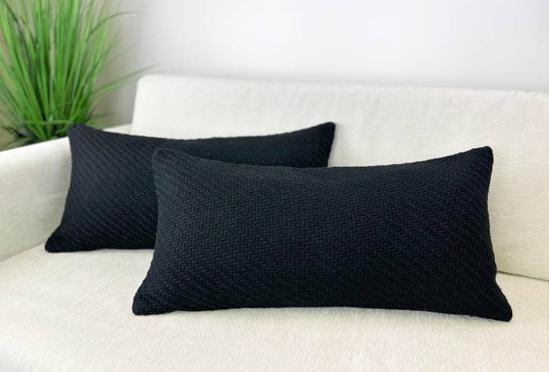 lot 5459 image: Aiking Pack of 2 Soft Decorative Knitted Double-Cable Sweater Cozy Throw Pillow Covers, 12x24 inch, Black