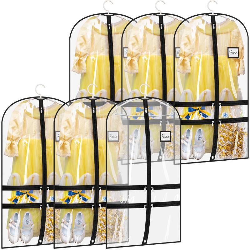 lot 5462 image: SLEEPING LAMB 6 Packs Clear Dance Garment Bags for Dancers with 4 Pockets, 40 Kids Dance Costume Garment Bag for Travel and Dance Competition, Hanging Clothes Storage for Dress, Uniform, Black