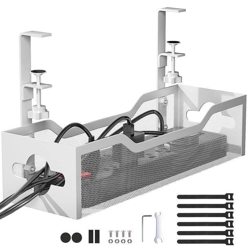lot 5487 image: Under Desk Cable Management Tray No Drill, 13.38 Metal Tray with Clamp for Wire Management, Litwaro Cord Organizer Home Office Damage to Standing Desk, White