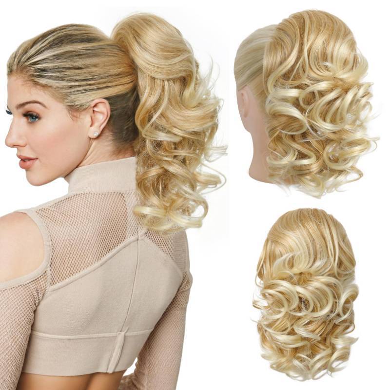 lot 5492 image: Flufymooz Ponytail Extension, 14 Inch Short Drawstring Ponytail Hair Extension for Women, Soft Synthetic Pony Tails Hairpiece for Women (Dark Blonde with Light Blonde)
