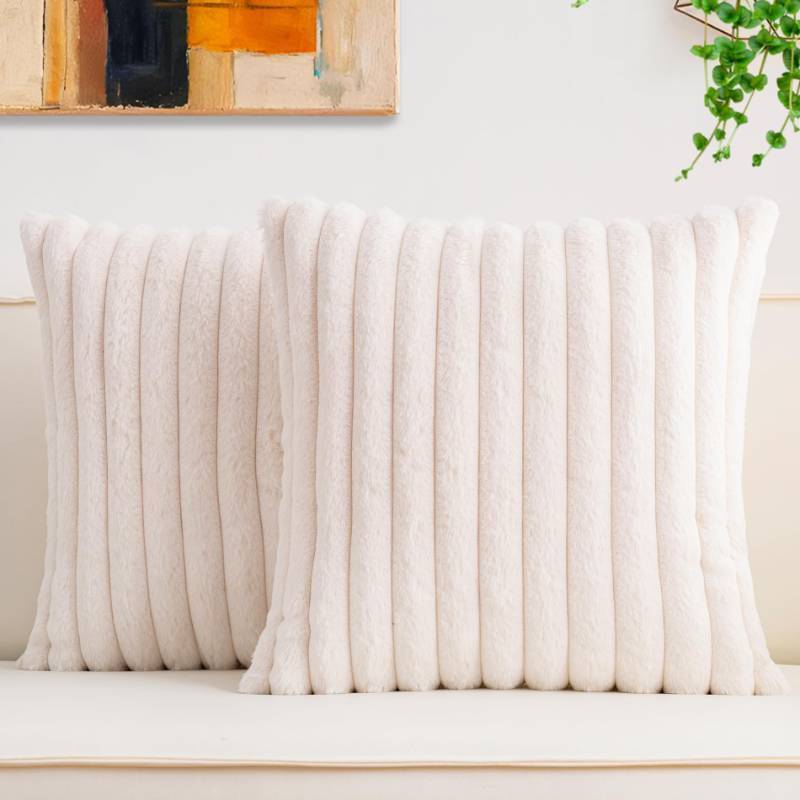 lot 5596 image: Aegero Pack of 2 Faux Fur Christmas Throw Pillow Covers 20x20 Inch, Soft Plush Striped Neutral Couch Pillow Cover, with Velvet Back Modern Home Decor for Sofa Living Room Couch Bed Cream White