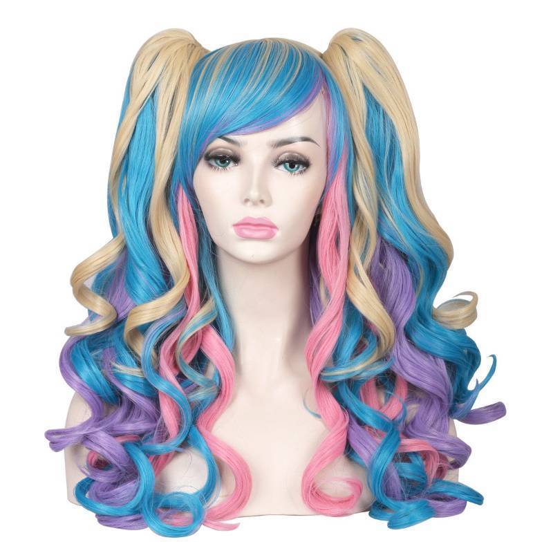lot 5623 image: ColorGround Long Curly Cosplay Wig with 2 Ponytails(PinkBlueBlonde)