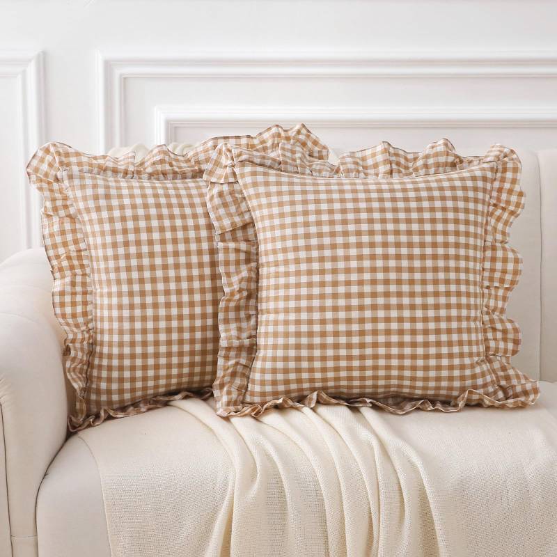 lot 5633 image: K MASANIJI 2 Pack Taupe White Plaid Ruffle Gingham Throw Pillow Covers, 100% Washed Cotton Checkered Fall Decorative Farmhouse Pillow Shams - 18x18