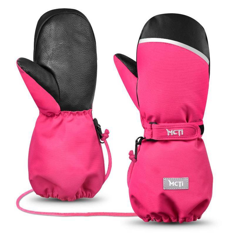 lot 5640 image: MCTi Kids Mittens Waterproof Winter Ski Warm Sherpa Lined Long Cuff with String (Red, X-Small(Fits 8-11 Years))