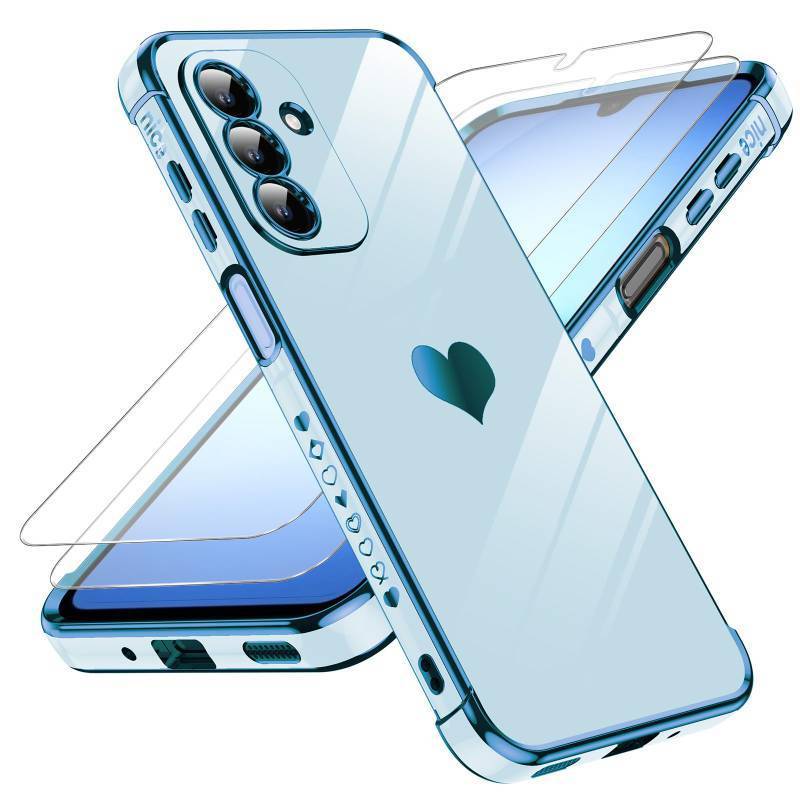 lot 5653 image: LeYi for Samsung A17-5G Case with Tempered Glass Screen Protector 2 Pcs Full Camera Lens Protection,Love Heart Plating Girly Luxury Shockproof Case for Galaxy A 17,Sierra Blue