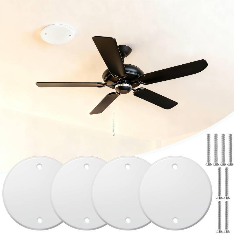 lot 5668 image: 4 Packs Metal 5 Inch Flat Round Ceiling Cover Plate - White Blank Electrical Wall Plate with Screws, 3.5 Inch Hole Spacing, Fits 4 Inch Electrical Box (Ceiling Fan Switch Cap)