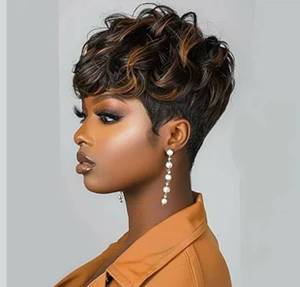 lot 1028 image: Pixie Cut Wig Short Curly Wigs for Black Women Black Mixed Grey Curly Wig with Bangs Afro Wigs for Black Women Natural Wavy Synthetic Wigs for Women (Black And Brown)