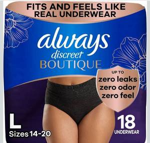 lot 1046 image: Always Discreet Boutique Incontinence and Postpartum Underwear for Women, Maximum Protection, Large, Black, 18 Count