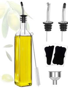 lot 1051 image: Showvigor Olive Oil Dispenser, 17oz500ml Square Tall Glass Container With 2 Stainless Steel Pourers, 2 Labels, 1 Brush and 1 Funnel for Kitchen