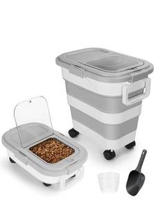 lot 1056 image: ShineMe Dog Food Storage Container, 30 Lbs Collapsible Food Storage Containers with Rolling Wheel Airtight Locking Lid, Cat Foods Bin with Cup and Scoop, Suitable for Pet Snack, Rice, Flour (Grey)