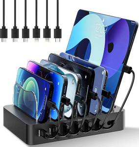 lot 1065 image: Charging Station for Multiple Devices 68W 6 Port Phone Charger Dock with 6 Cables, 20W Black Fast Charging Station Compatible with Apple Cellphone iPad iPhone Tablet(Black)