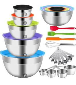 lot 1074 image: WEPSEN Mixing Bowls with Lid Set, 25PCS Kitchen Utensils Metal Bowl Stainless Steel Nesting Bowls, Measuring Cups and Spoons, Egg Whisk for Baking Prepping Cooking Serving Supplies