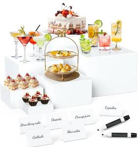 lot 1084 image: 6 Pcs Buffet Risers with Mini Sign and Maker, Food Risers Display Stands for Buffet Table Party Catering Dessert Jewelry Collectibles, Nesting Cube Boxes with Hollow Bottoms (8,7,6,5,4,3)