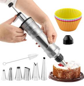 lot 1091 image: Dessert Decorating Syringes Set, Frosting Piping Kit Stainless Steels Cake Decorating Set with 6 Piping Tips, 7 Silicone Cupcakes and 1 Brush(COLORBlack)