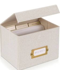 lot 1144 image: ZICOTO Beautiful Linen Recipe Box - Fits 4x6 inch Recipe Cards to Organize Up to 250 Recipes - Sturdy Card Holder and Great for Any Kitchen - Cards Not Incl.