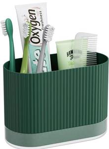 lot 1160 image: Green Kids Toothbrush Holders for Bathrooms, Cute Toddler Plastic Tooth Brush Holder with Drainage and Drip Tray, Large Family Size Toothpaste Stand Organizer Caddy, Green Bathroom Accessories Decor