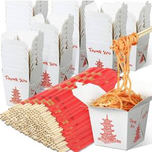 lot 1183 image: Sabary 50 Sets 8 oz Chinese Take out Boxes with Chopsticks, Pagoda Paper Food Containers with Sleeved and Separated Disposable Chopsticks for Asian Party Decorations Favor Birthday Wedding Restaurant