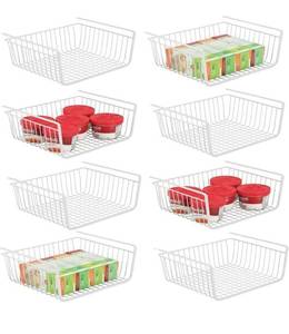 lot 1190 image: 8 PACK Hanging Under Shelf Storage Basket Kitchen Cabinet Organizer Storage, Slides Under Wire Shelves for Counter Pantry Desk Bookshelf, White