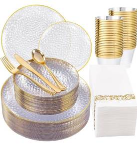 lot 1197 image: DaYammi 175PCS Clear Gold Plastic Dinnerware Set, Plastic Plates Disposable Hammered Disposable Plates for Party, Include 25 Dinner Plates 25 Dessert Plates 75 Gold Silverware 25 Napkins 25 Cups