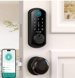 lot 1204 image: WiFi Smart Door Lock Set Hornbill Keyless Entry Door Lock Deadbolt with Handle Set Fingerprint Front Door Lock with 2 Knobs Alexa Bluetooth Remote Code Auto Lock for Home Hotel Security Black