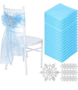 lot 1206 image: Breling 20 Set Snow Princess Chair Sashes Winter Wonderland Decorations Organza ICY Blue Dining Chair Slipcovers Bows Ribbon Silver Snowflake Glittery Ornament for Birthday Xmas Favor, 6.5 x 108