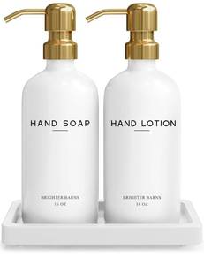 lot 1217 image: Luxury Glass Soap and Lotion Dispenser Set with Tray by Brighter Barns - Hand Soap Dispenser Bathroom Set & Stainless Steel Pump for Home or Airbnb - White and Gold Bathroom Accessories & Decor (Gold)