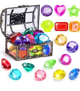 lot 1237 image: DISHIO Diving Gem Pool Toys 16PCS Large Swimming Pool Toy Set with Pirate Treasure Box Chest for Kids Toddlers Underwater Sinking Dive Gems Colorful Diamond Diving Toys for Swimming Training