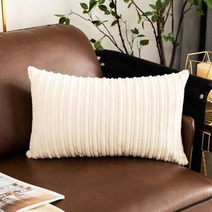 lot 1238 image: UGASA Velvet 12x20 Inch Lumbar Throw Pillow Cover, Both Sides Corduroy Striped, Soft Solid Decorative Rectangular Cushion Case for CouchBedroomCar, 1 Piece, Cream