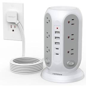 lot 1244 image: TESSAN Tower Power Strip with Individual Switches, Surge Protector with 12 Outlets, 5 USB Ports(2 USB C), Flat Extension Cord 10 Ft, 1250W, Charging Station for Multiple Devices, Office, Dorm, Grey
