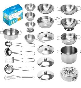 lot 1245 image: Kids Kitchen Pretend Play Toys, Cooking Toys Play Pots and Pans Set for Kids, 21pcs Small Stainless Steel Kitchen Cookware Kits Toys, Cookware Playset for Girls, Boys