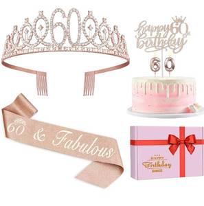 lot 1252 image: 60th Birthday Decorations for Woman, Including 60th Birthday Sash and Crown, Cake Topper and Candles, 60 Year Old Gifts for Women