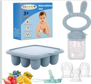 lot 1259 image: WAJIAYON Baby Breastmilk Popsicle Molds & Baby Fruit Feeder (2 Pack), Baby Food Freezer Tray Storage Containers, Silicone Teething Pacifier Feeder and Teether for Babies,Baby Feeder - Blue